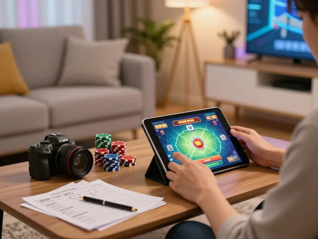 Nổ Hũ gameplay on tablet during cozy home gaming session with poker chips and strategy notes.