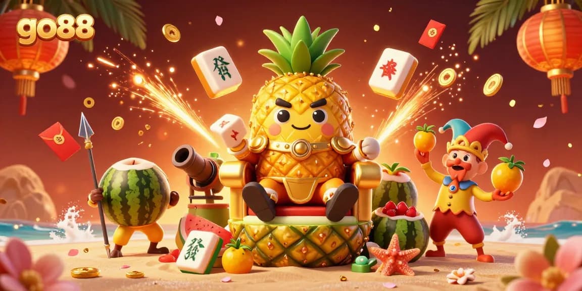 Engage with go88's vibrant 3D casino illustration showcasing a golden pineapple king surrounded by festive elements.