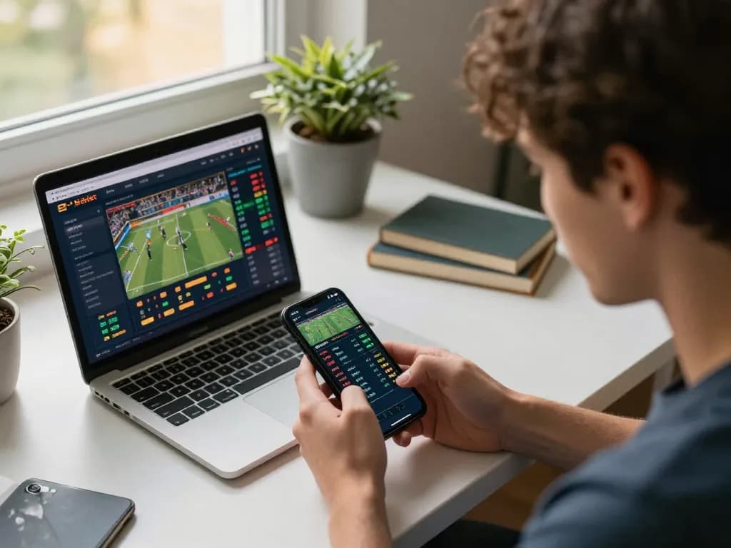 E2bet user engaged in live sports betting on smartphone, showcasing dynamic betting activity