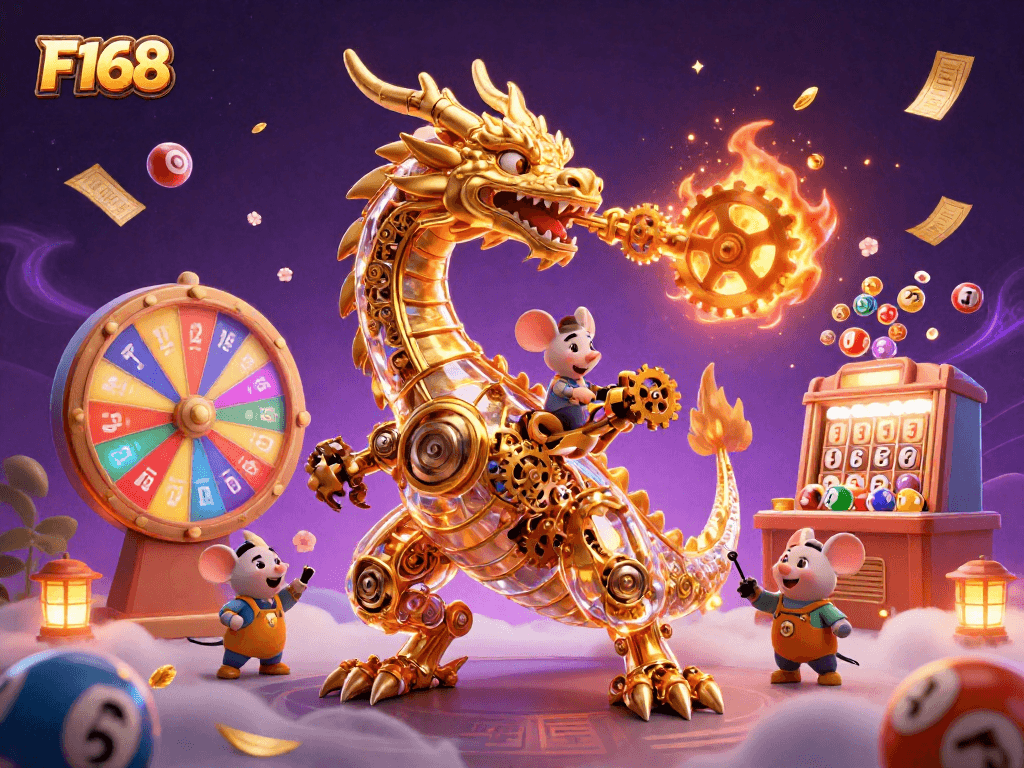 Experience F168's thrilling lottery action with a golden dragon and dynamic game elements!