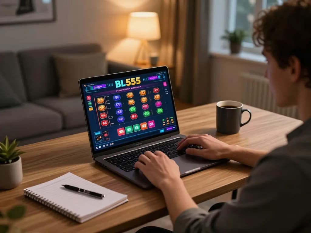 Engaging in online gambling on bl555 platform with vibrant betting interface and cozy home setting.