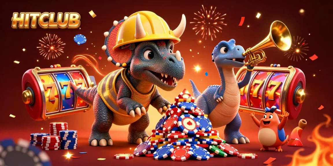 Play exciting casino games at HITCLUB with vibrant characters and dynamic scenes of poker chips and slot reels.