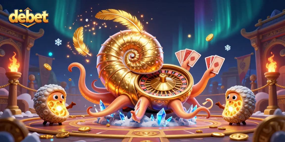Experience debet's vibrant casino action with a giant nautilus holding cards amidst glowing golden elements.