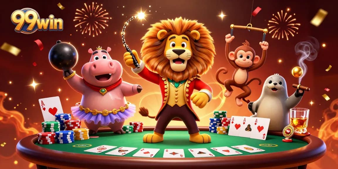 Experience the thrill of gaming with 99win in an exciting circus-themed casino scene.