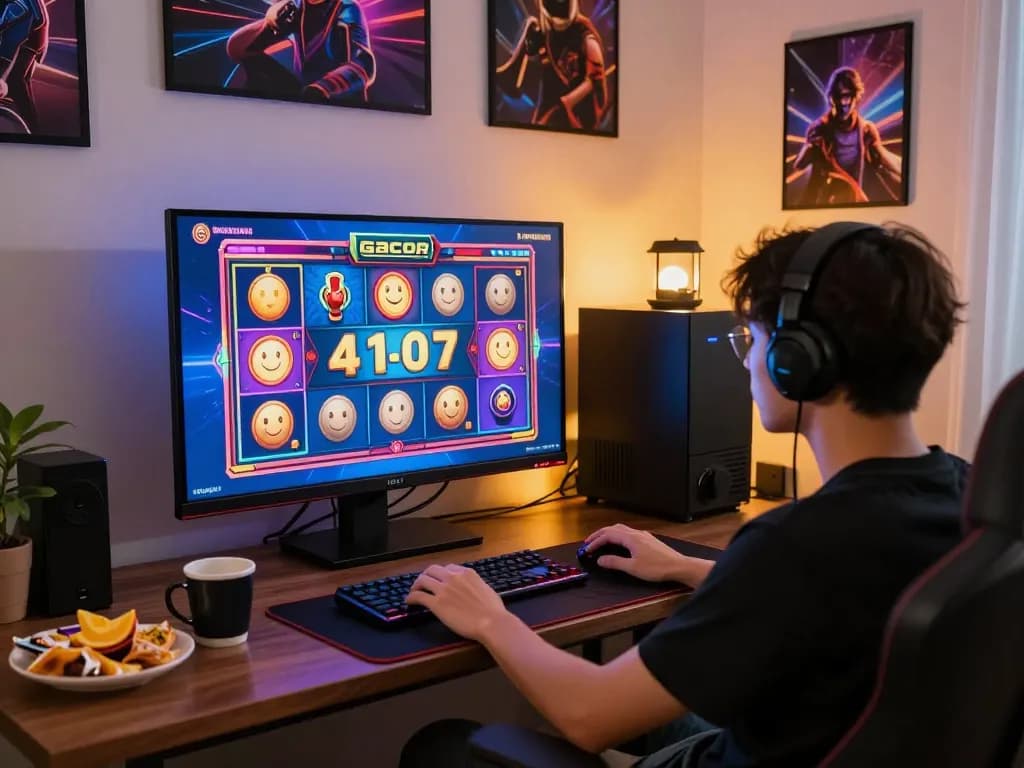 Momen permainan yang menarik di slot gacor dengan grafik berwarna-warni di pengaturan rumah.