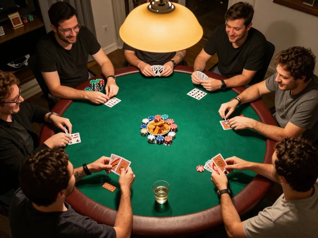 Players enjoying a friendly poker night with Nhà cái DABET, showcasing engaging gameplay and social atmosphere.