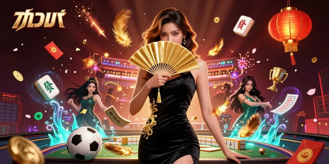 Experience แทงบอล with a captivating Asian woman elegantly holding a fan amidst dynamic sports betting elements.