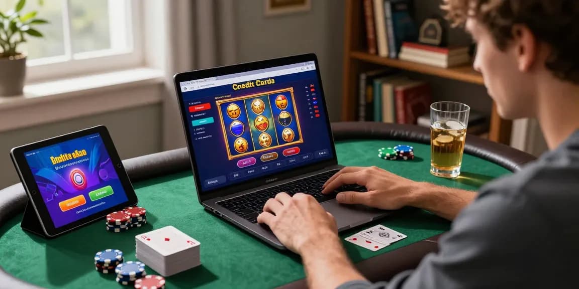 Engaging scene showcasing credit card casinos at https://being-there.org.uk with a player at a stylish desk immersed in online gaming, vibrant slot games displayed on laptop.