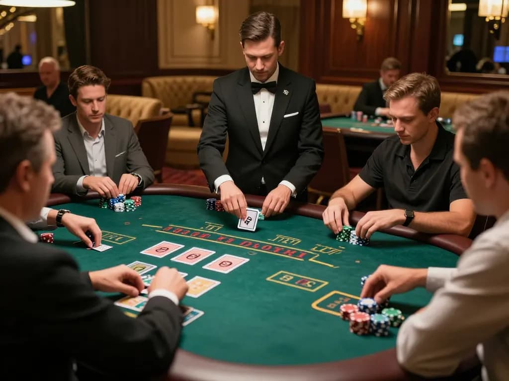 Players enjoying blackjack at MM88 casino table with dealer managing cards, lively casino atmosphere.