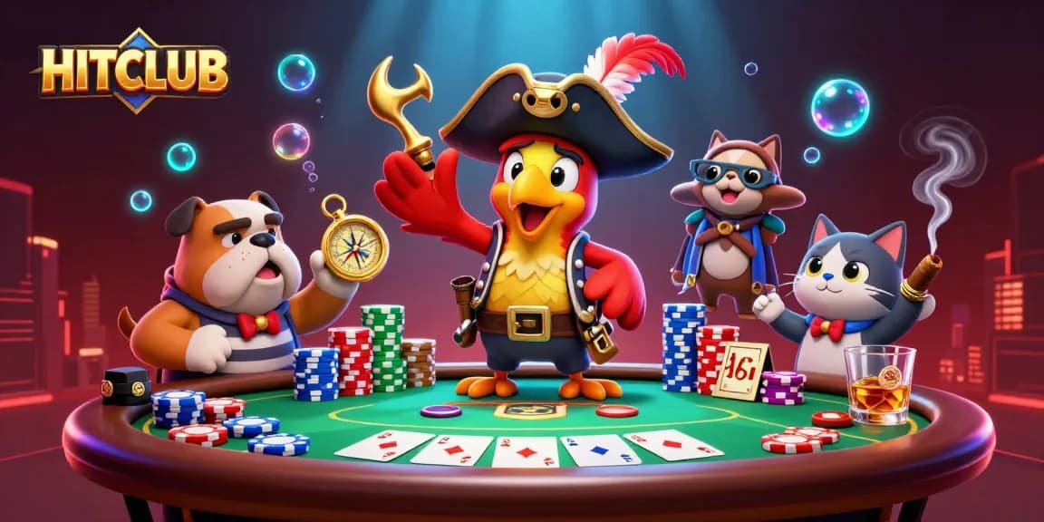 Engage with HITCLUB as a pirate captain and crew animate an exciting poker adventure with vibrant casino elements.