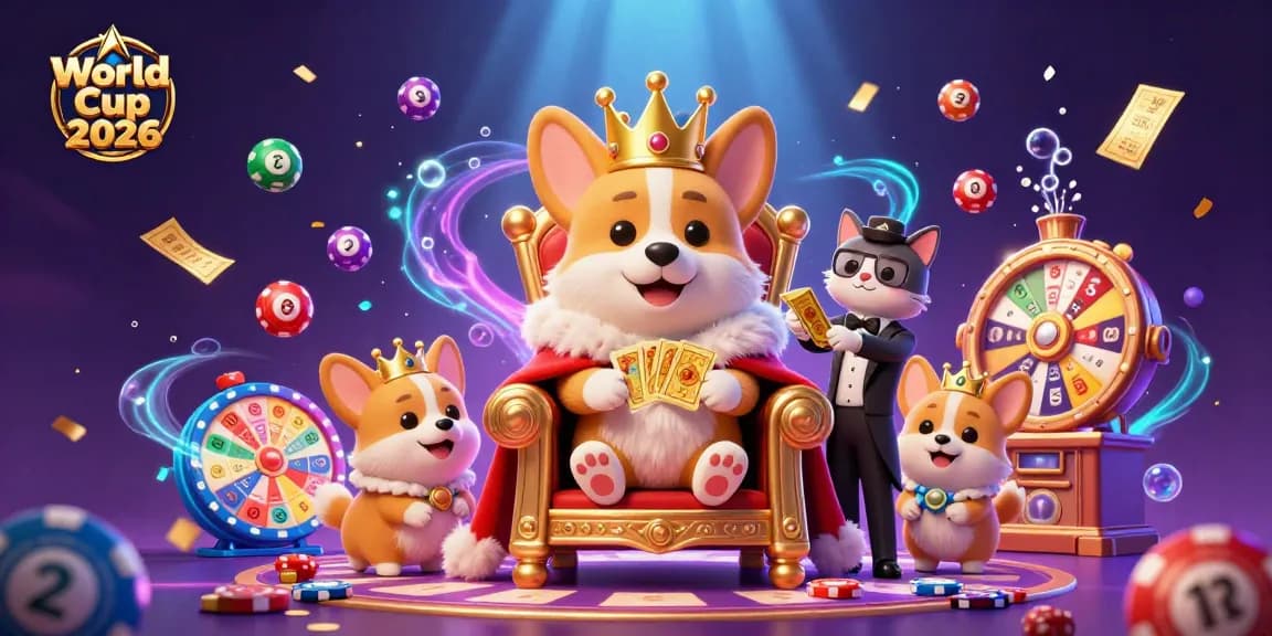 Experience World Cup 2026 excitement with a royal corgi and dynamic casino action featuring colorful lottery elements.