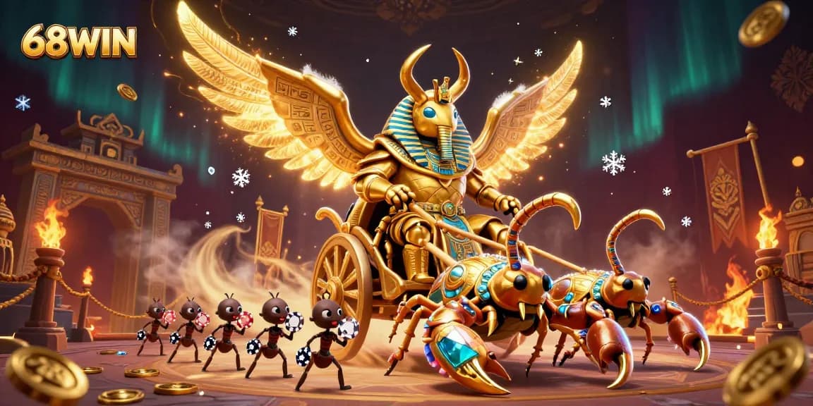 68WIN offers an extravagant online gaming experience, showcasing a golden scarab beetle amidst a rich casino atmosphere.