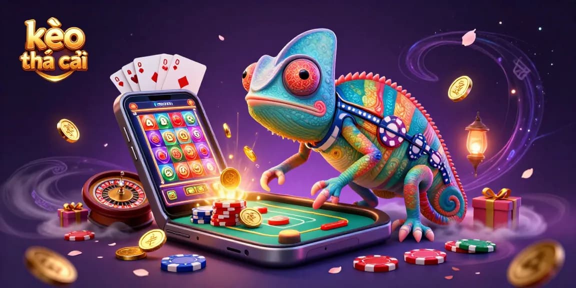 Experience kèo nhà cái with a dynamic scene depicting a chameleon casino owner amid swirling casino elements.