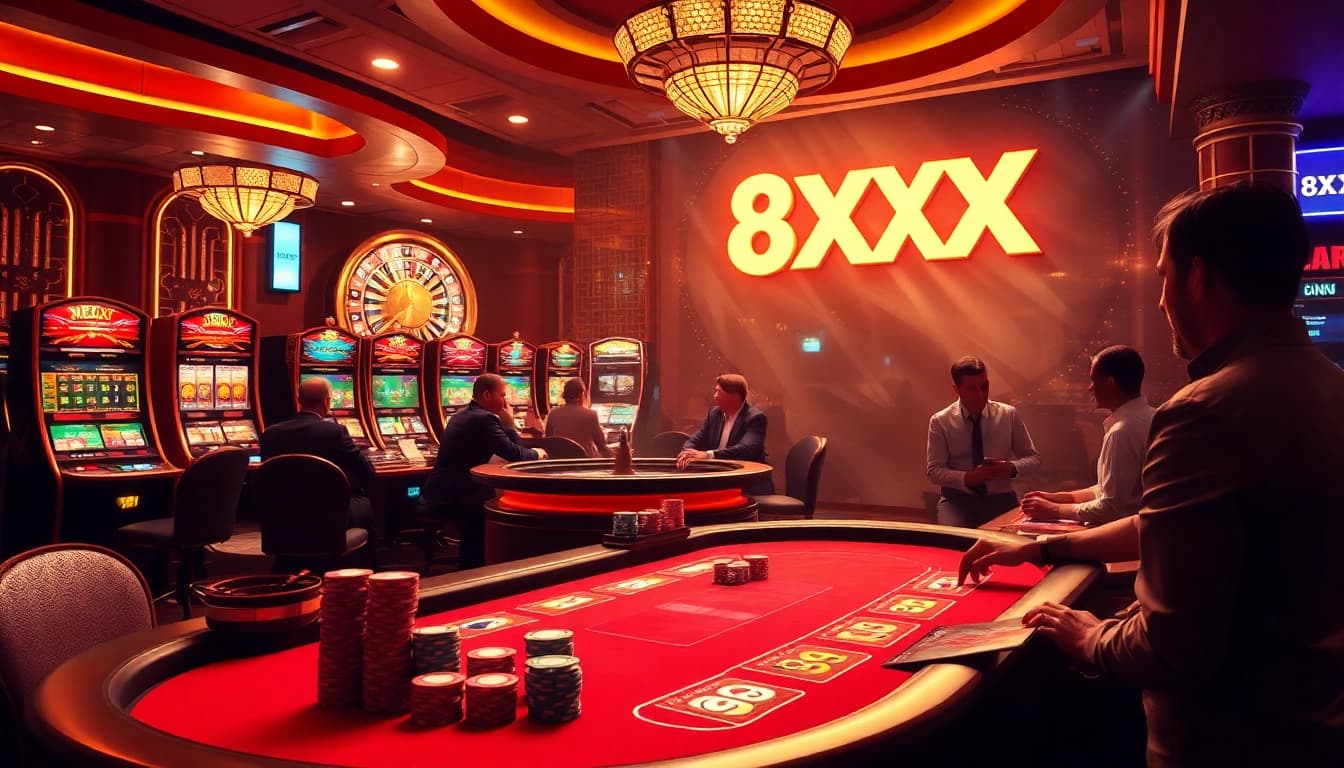 Engaging casino scene with players at poker table and vibrant slot machines featuring the 8XX logo.