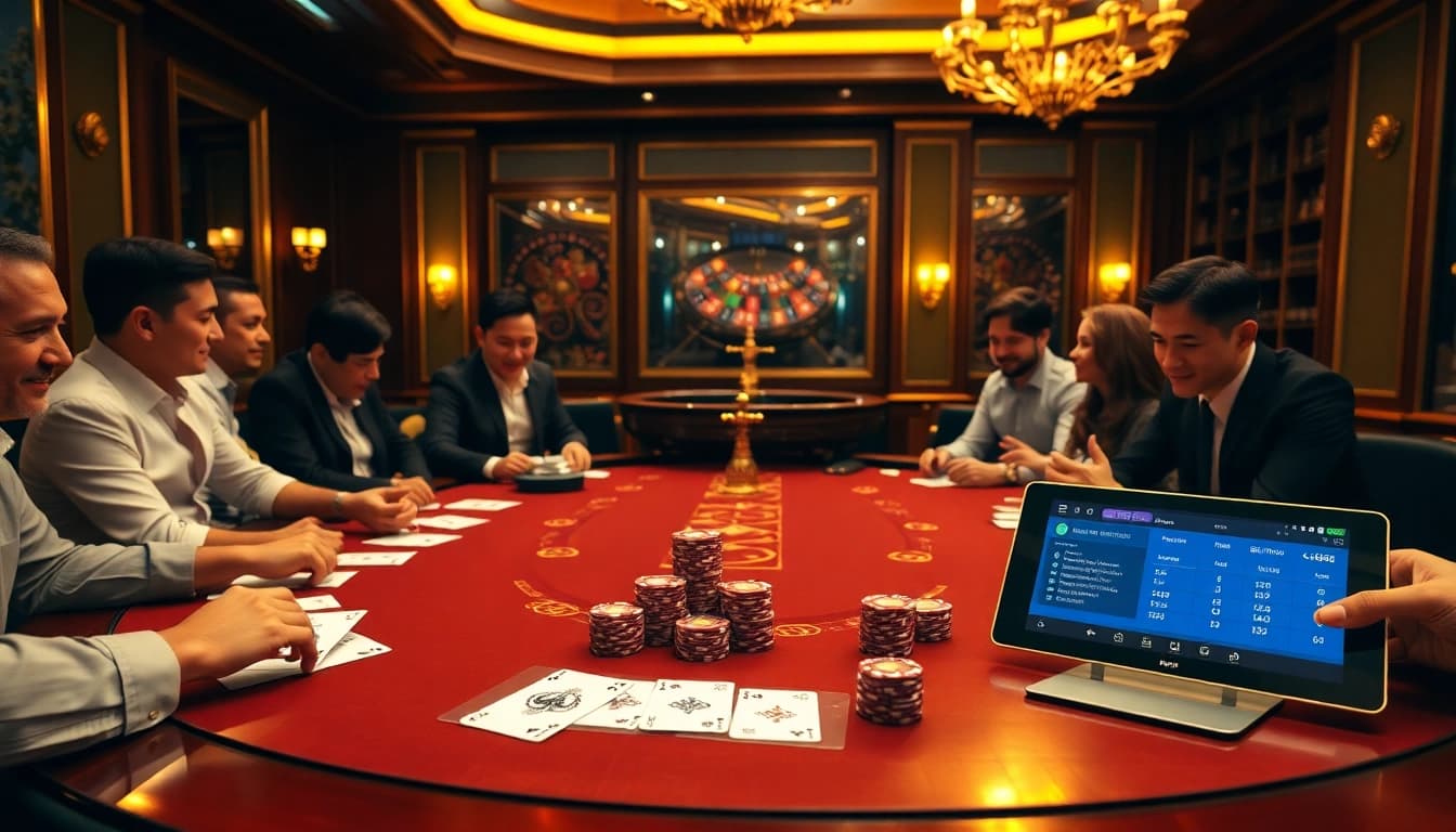 Exciting poker action at hello88 casino with players and colorful chips.