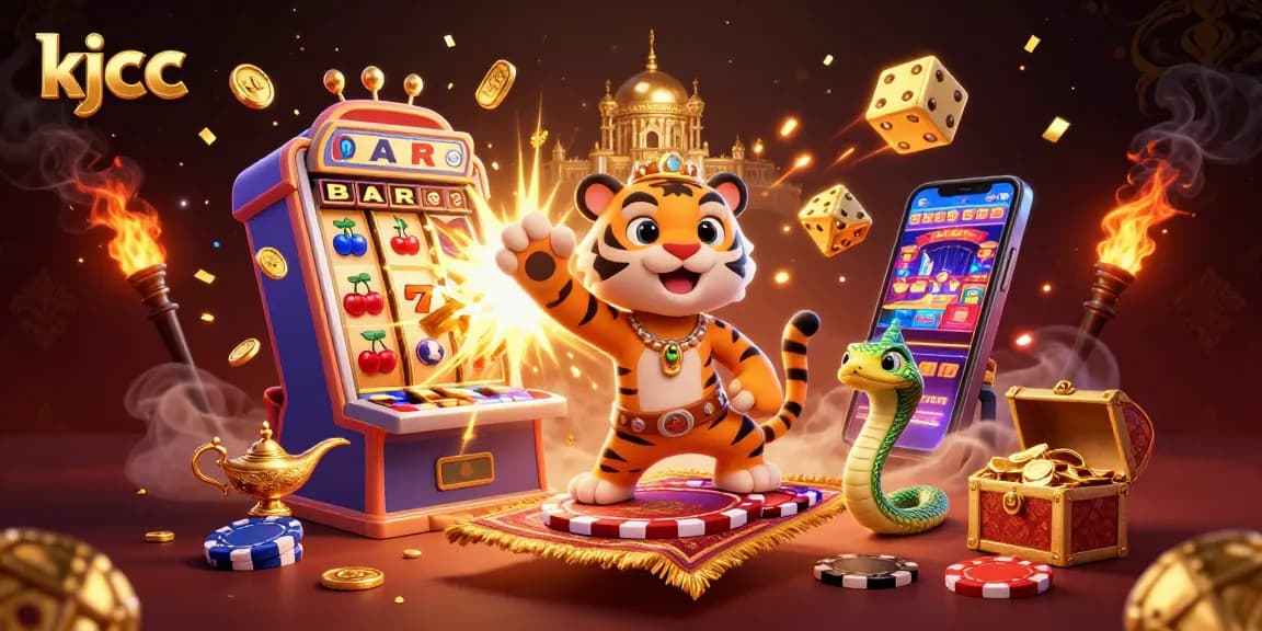 Experience thrilling online slots with kjcc's vibrant casino illustration showcasing exciting game elements.