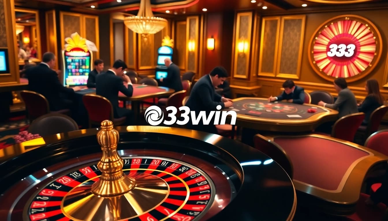 33win casino players engaged in thrilling games at a luxurious table with vibrant chips.