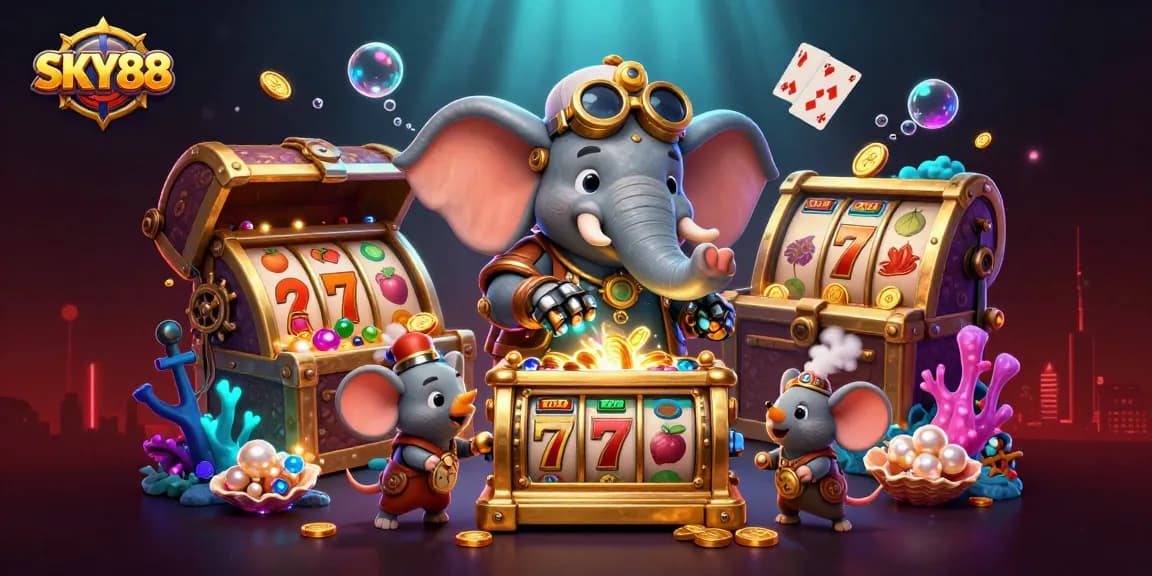 Engage with SKY88's vibrant slot gaming experience through a captivating steampunk illustration.