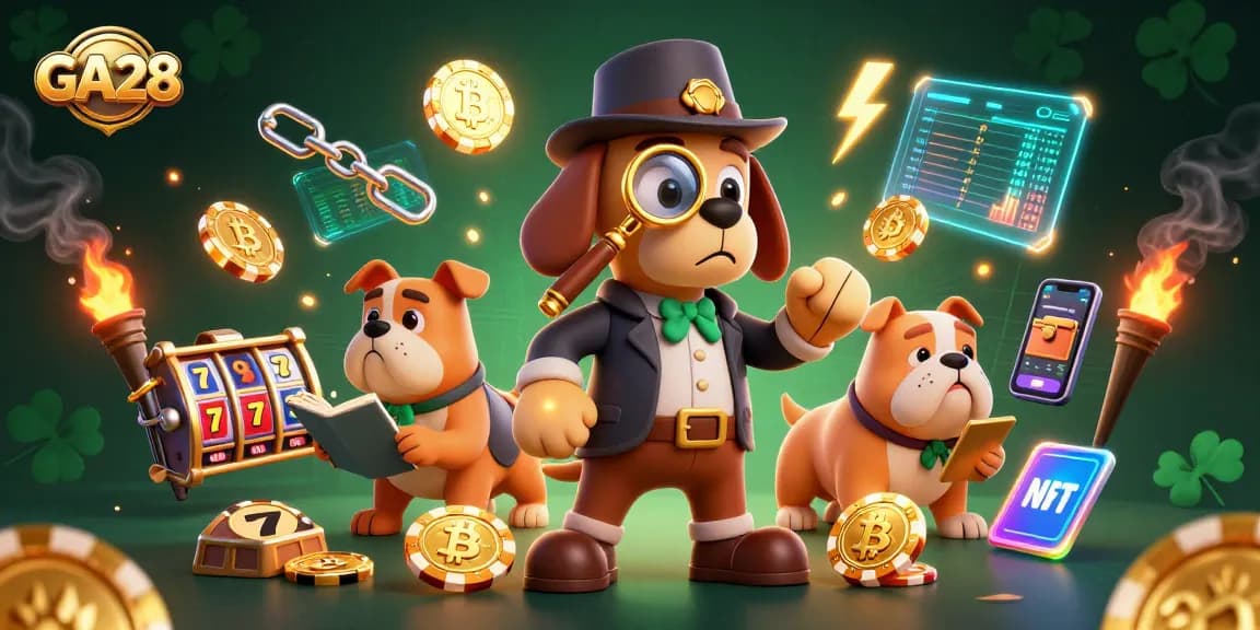 Engage with the thrilling GA28 casino scene featuring cartoon detective and bulldog companions in a mystery of winning clues.