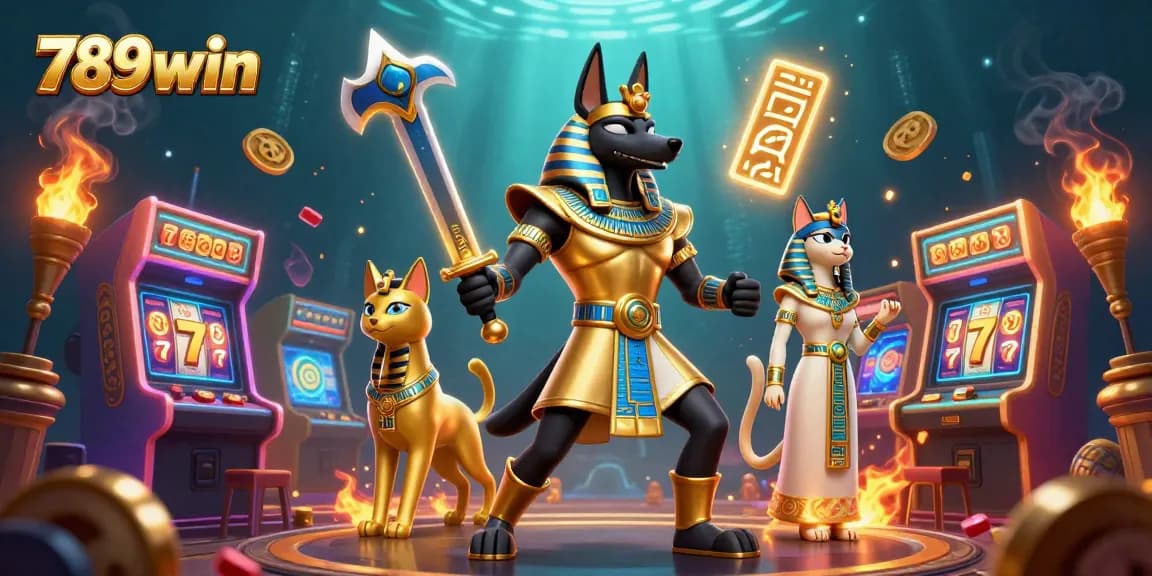 Interact with thrilling games at 789win featuring Anubis and Bastet in a vibrant casino setting.