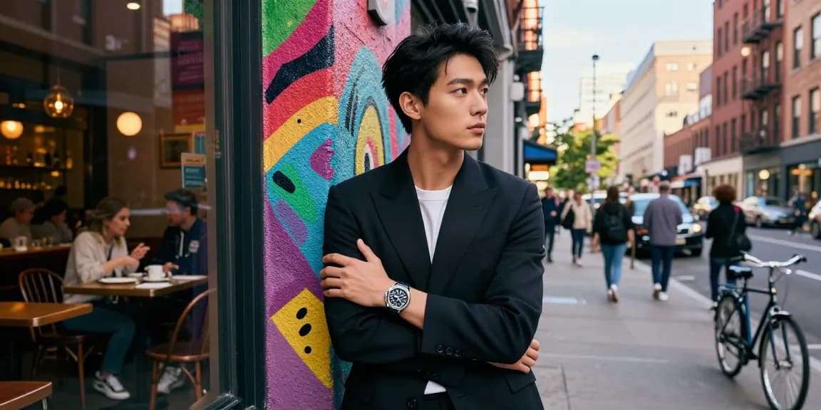 Stylish urban setting with a fashionable person displaying a luxury replica watch against a vibrant street art backdrop.
