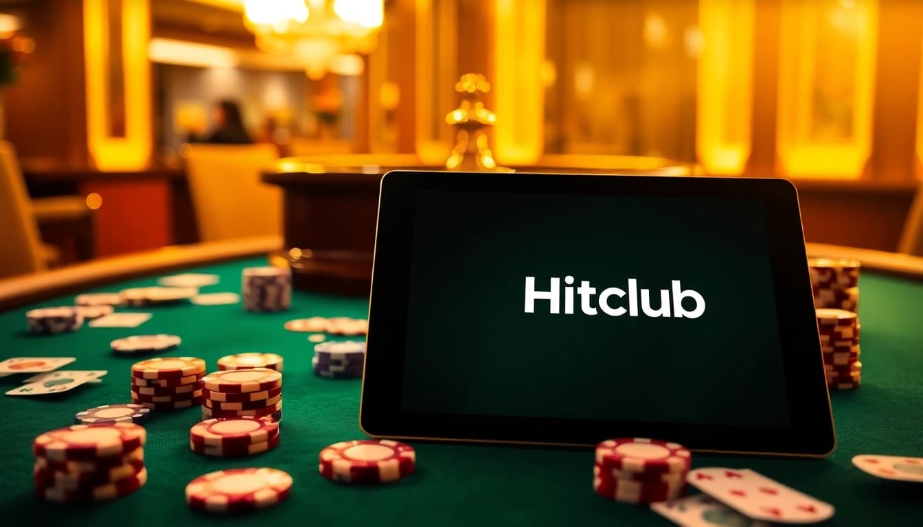 Hitclub gaming scene with poker chips and a roulette wheel, highlighting excitement and luxury.