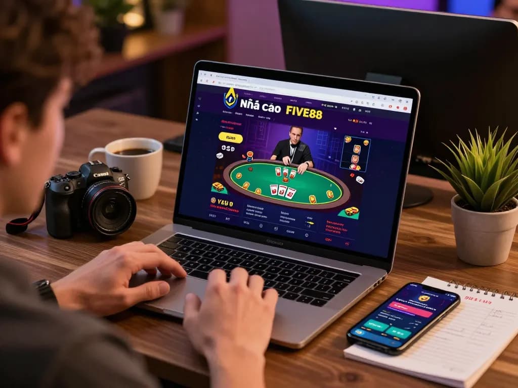 Engaged player exploring Nhà cái FIVE88 live casino options on a home laptop, cozy gaming setup.