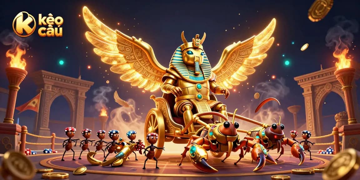 Engaging scene with kèo nhà cái characters, showcasing a golden scarab beetle chariot and dynamic sports betting elements.