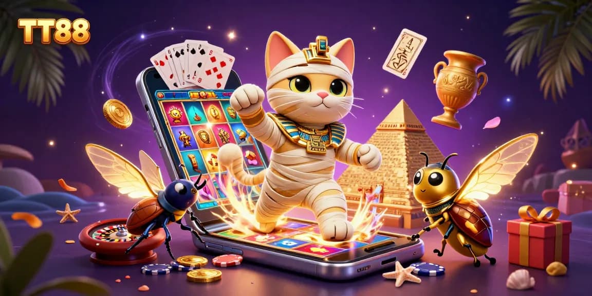 Experience the thrill of TT88 with an Egyptian mummy cat and a scarab beetle, showcasing vibrant slot games.