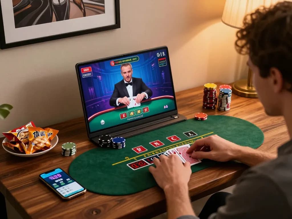 Engaging in live dealer blackjack on laptop at home with oxbet, showcasing vibrant online gaming setup.