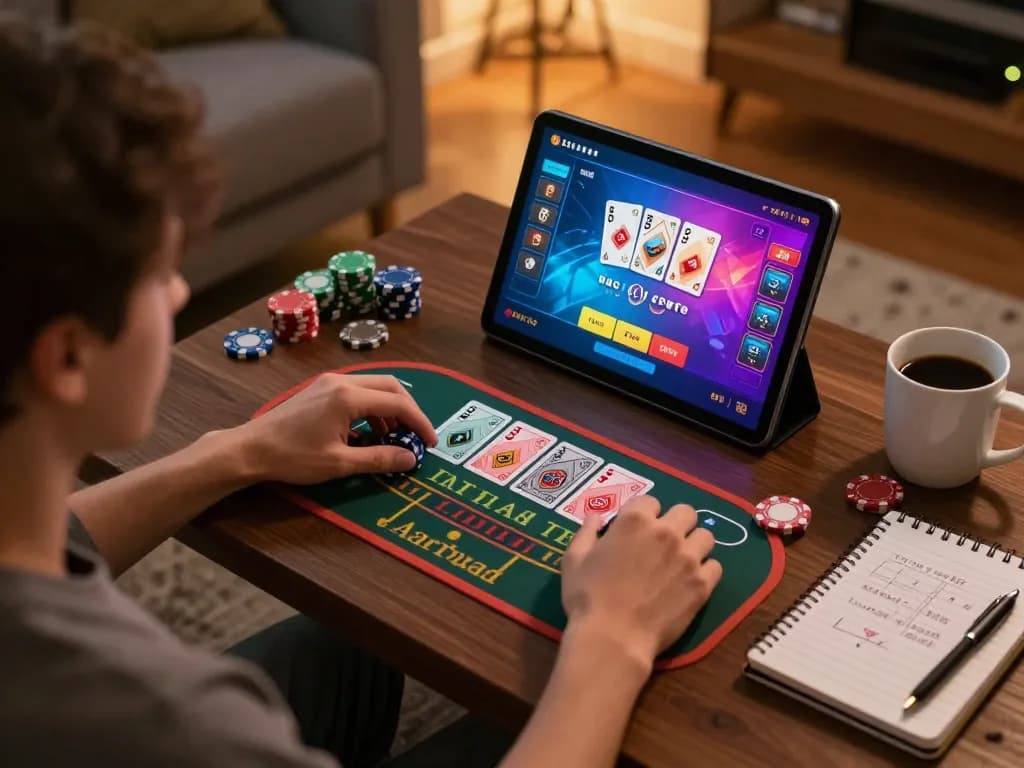 Bong88 user engaging in an exciting baccarat game at home, showcasing strategy and enjoyment in a cozy setting