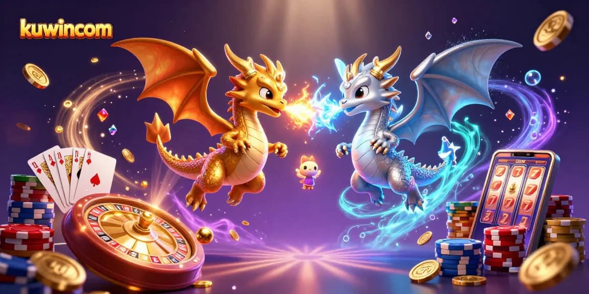 Kuwincom offers an engaging online casino experience with dynamic 3D illustrations of dragons amidst thrilling gaming elements.