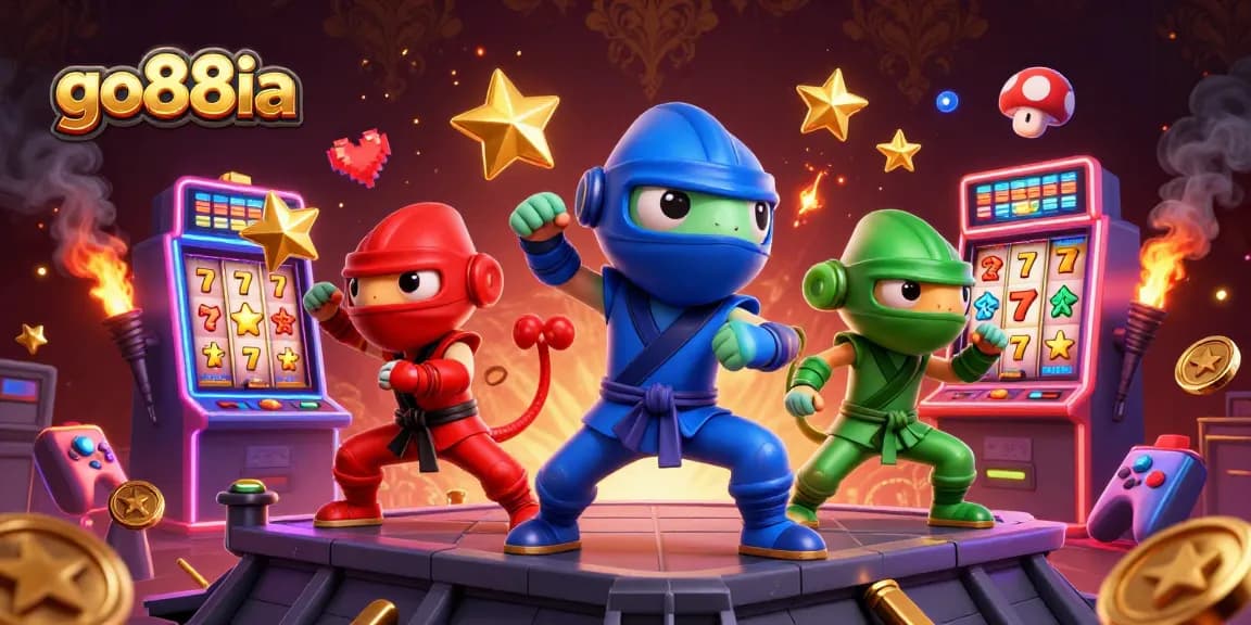 Engage in exciting gaming at go88ia with vibrant 3D visuals of ninja chameleons amid slot machines.