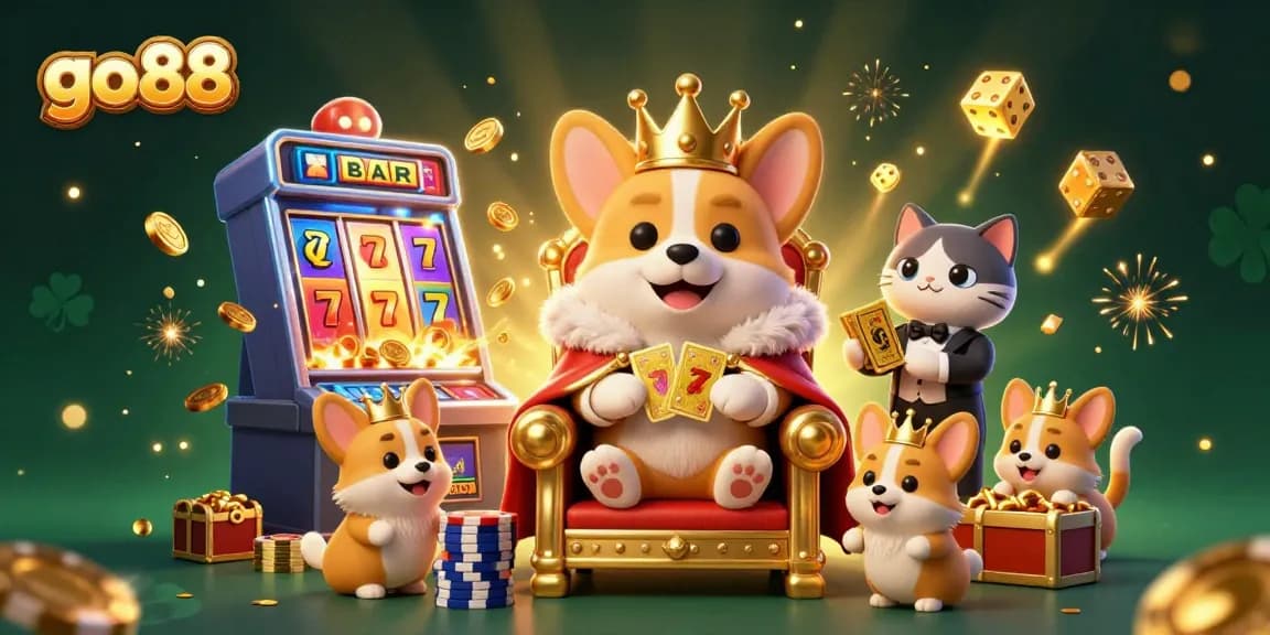 Play thrilling slots at go88 with a lavish 3D scene featuring a corgi king and jackpot excitement.