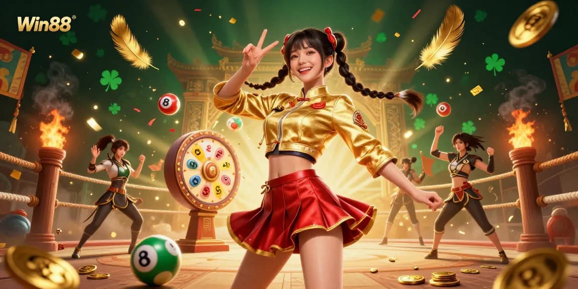 Win88 celebrates with vibrant scenes of fun, luck, and excitement in a dynamic casino illustration.