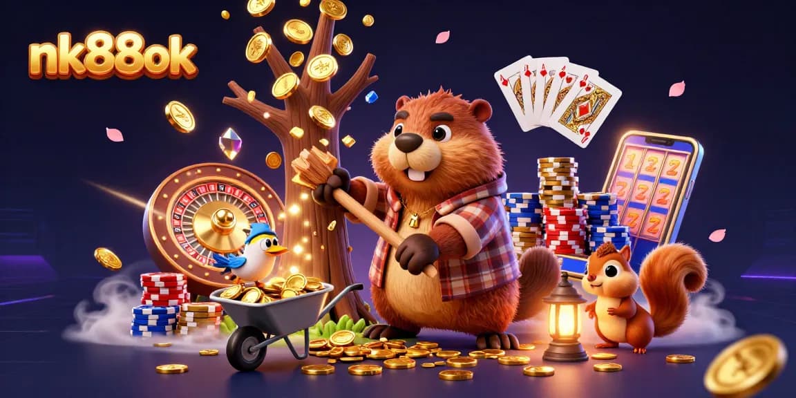 Catch exciting wins at nk88ok with cartoon characters in a vibrant casino scene