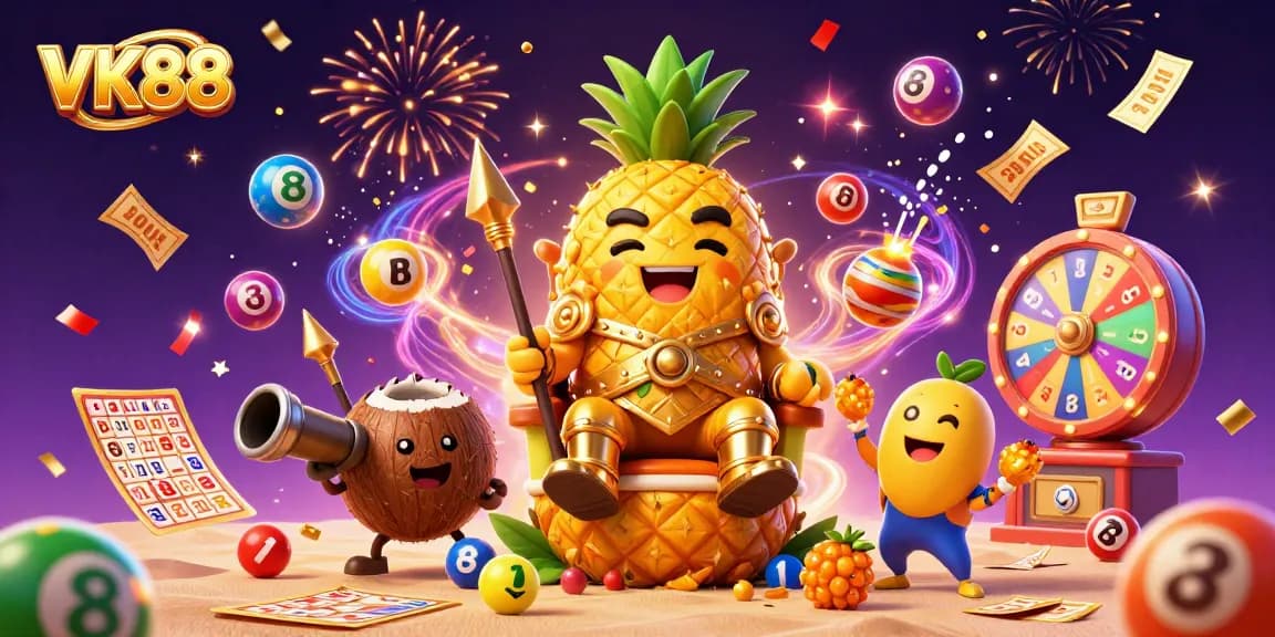 Engage with VK88 at a vibrant beach casino featuring colorful lottery elements and a golden pineapple king.