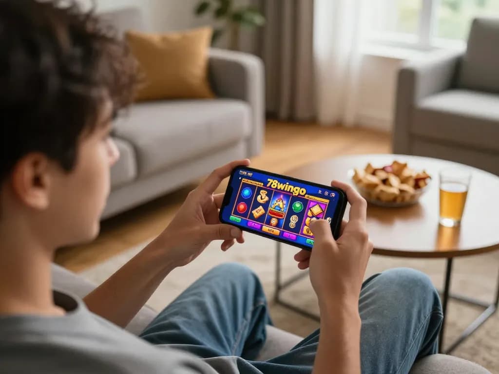 Player enjoys winning on 78wingo mobile app, showcasing exciting slot game action in a cozy home setting.
