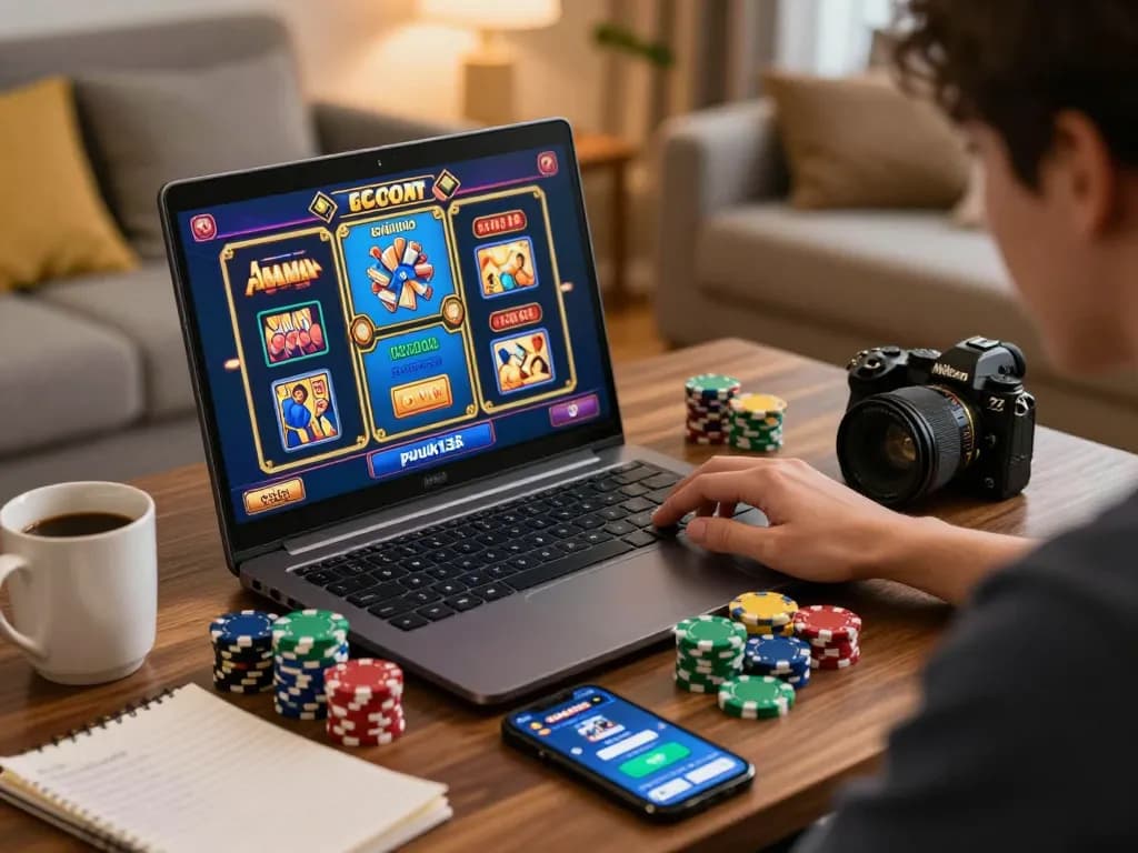 Player engaging with pucuk138 online slots on laptop, showcasing vibrant gaming setup and personal touches.