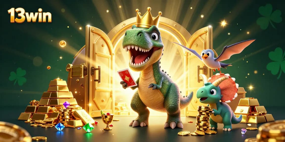 Cute 3D illustration of T-Rex with a crown shuffling cards for 13win casino game excitement.