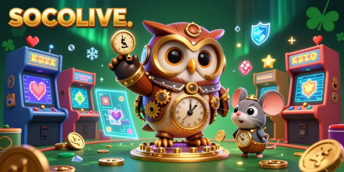 SOCOLIVE brings gaming excitement with a vibrant 3D owl and clockwork mouse in a lively casino scene.