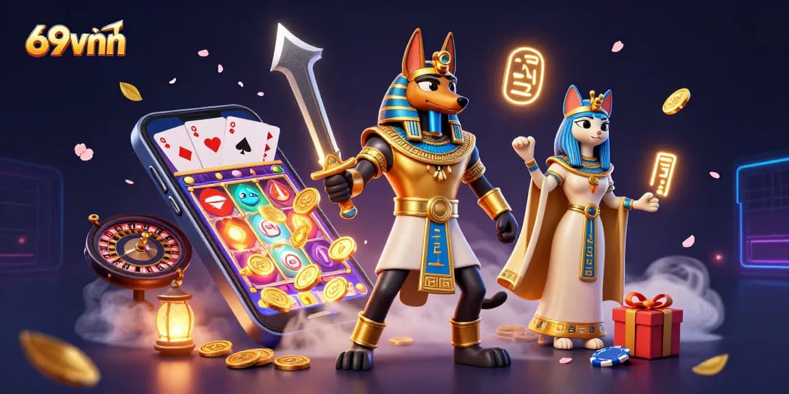 Engage with 69vnn's vibrant 3D illustration showcasing Anubis and Bastet in a thrilling casino environment.