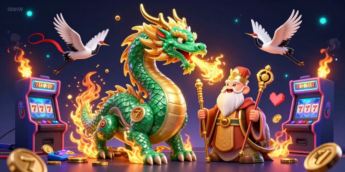 Experience thrilling moments at 58WIN with a dragon, turtle sage, and lucky cranes in this dynamic gaming scene.