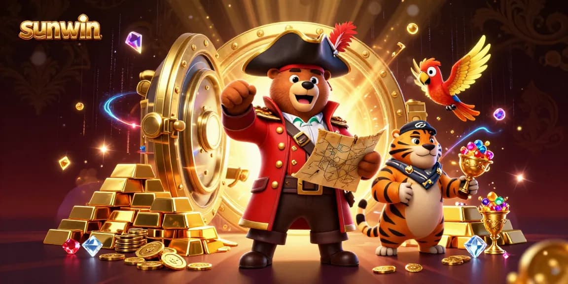 Sunwin showcases an enchanting scene with pirate captain bear, tiger first mate, and treasures representing the thrilling casino adventures.