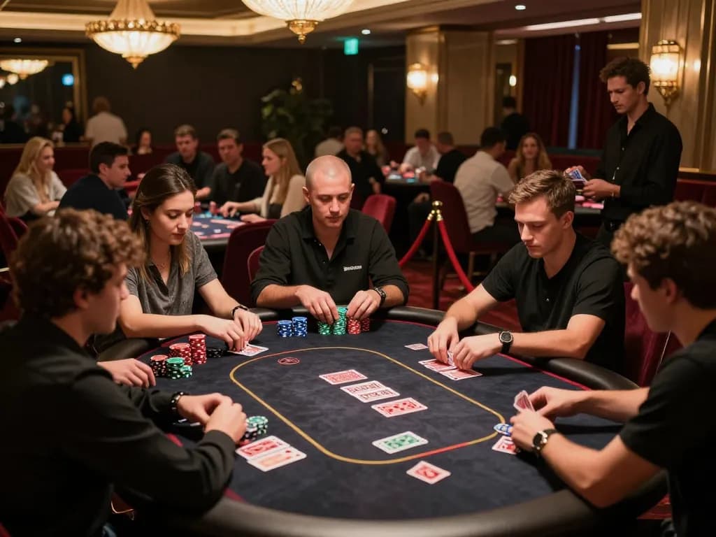 Players engaged in an exciting poker game at taixiuonlinego casino, showcasing strategic betting and ambiance.