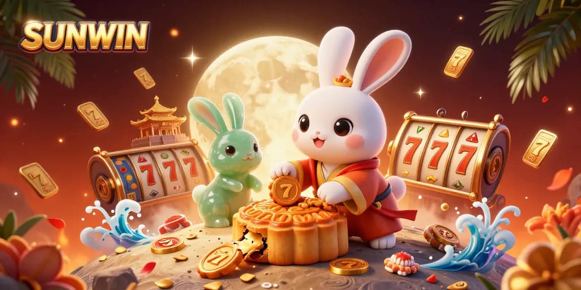 SUNWIN features an enchanting 3D illustration of a cartoon moon rabbit revealing poker chips in a vibrant casino scene