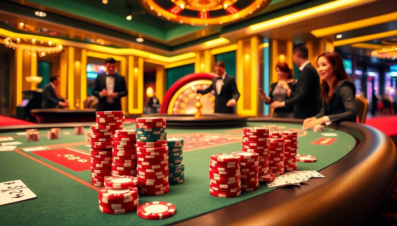 A lively poker scene at nhà cái jun88 showcasing gaming excitement and luxury with players engaged in high stakes.
