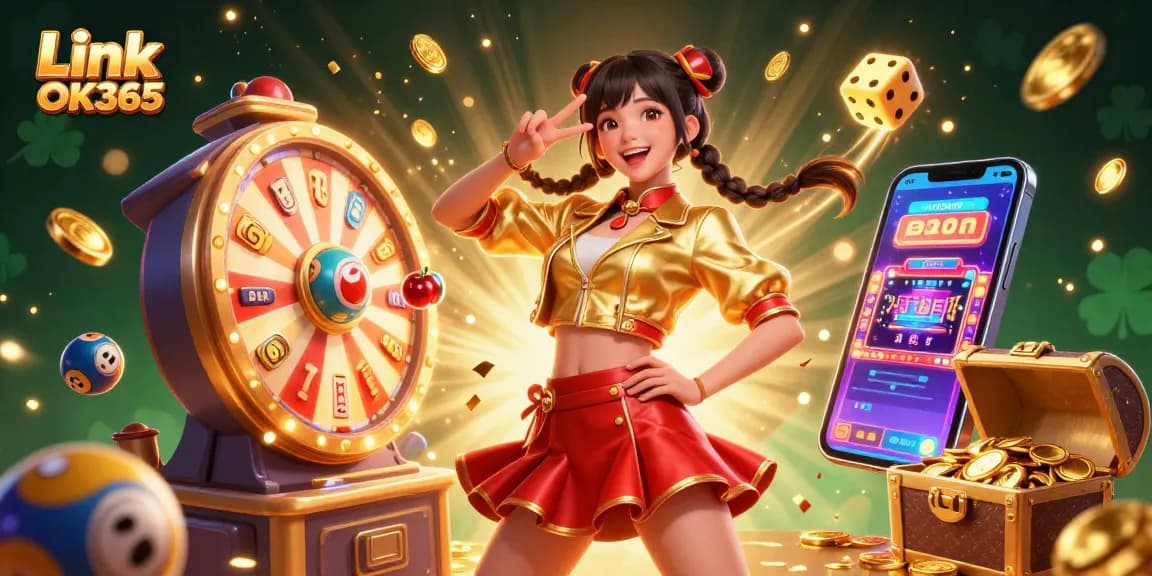 Experience the excitement of gambling with Link OK365 through vibrant casino elements and cheerful characters.