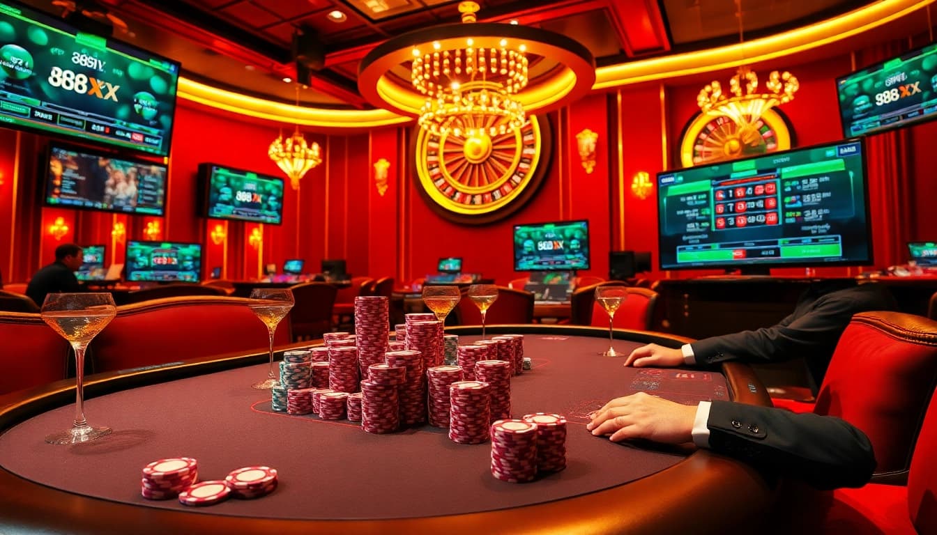 Experience the thrill of 88xx casino with vibrant poker tables, colorful chips, and elegant ambiance.