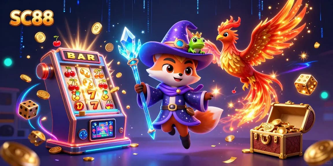 Experience the magic of SC88 with a mystical wizard fox, phoenix, and enchanting casino elements.
